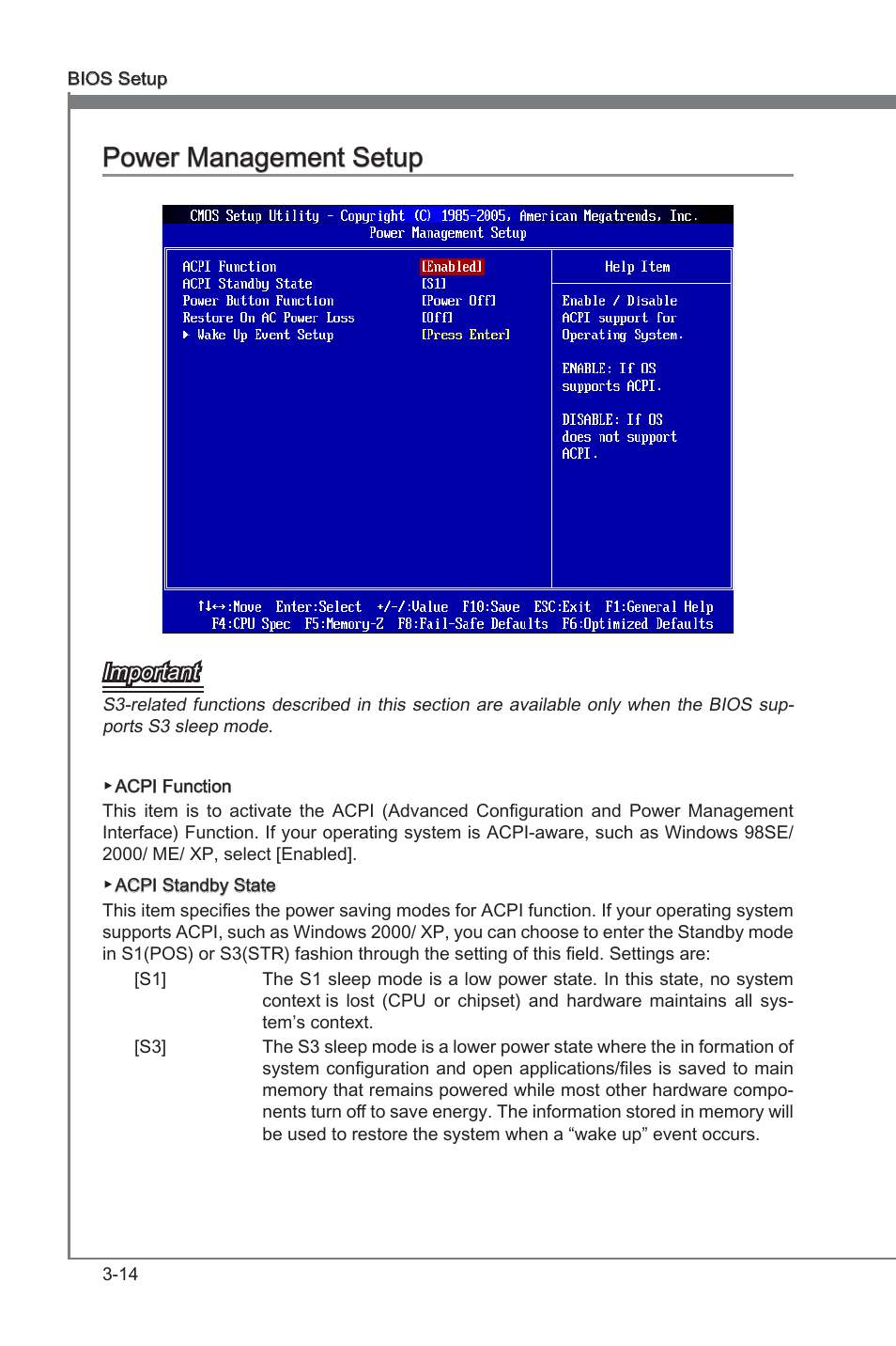 Power management setup -14, Power management setup, Important | MSI 880G-E45 User Manual | Page 54 / 96