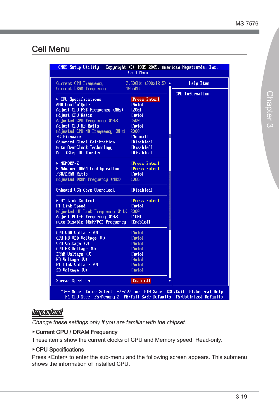 Cell menu -19, Chapter 3 cell menu | MSI 880G-E45 User Manual | Page 59 / 96