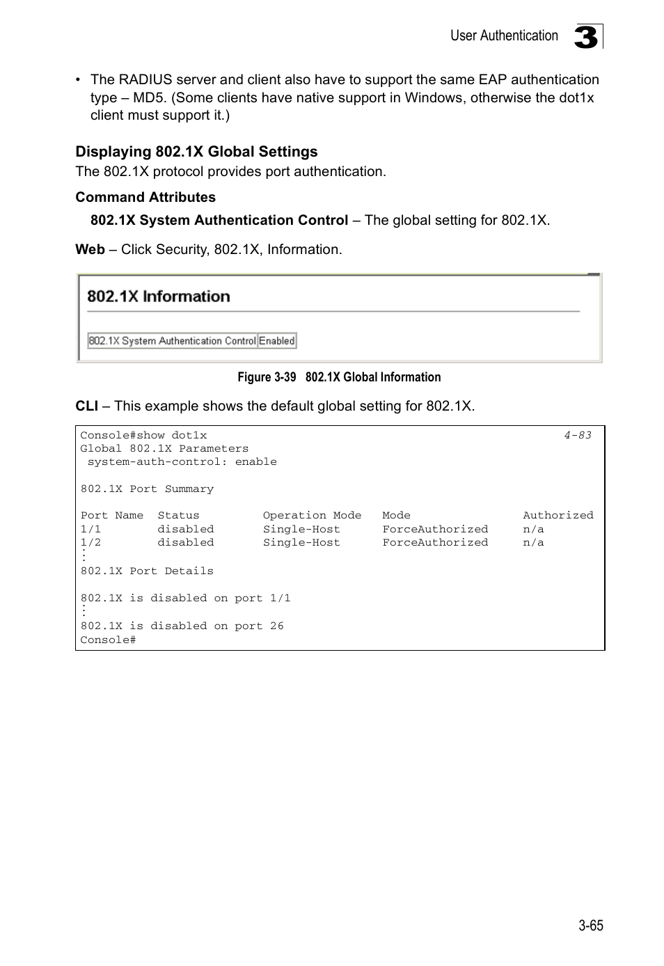 Displaying 802.1x global settings, Figure 3-39, 1x global information | Accton Technology ES5508 User Manual | Page 105 / 446