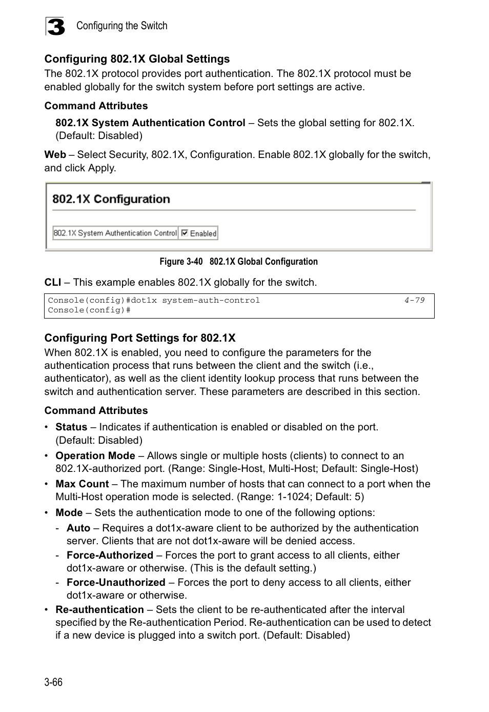 Configuring 802.1x global settings, Configuring port settings for 802.1x, Figure 3-40 | 1x global configuration | Accton Technology ES5508 User Manual | Page 106 / 446