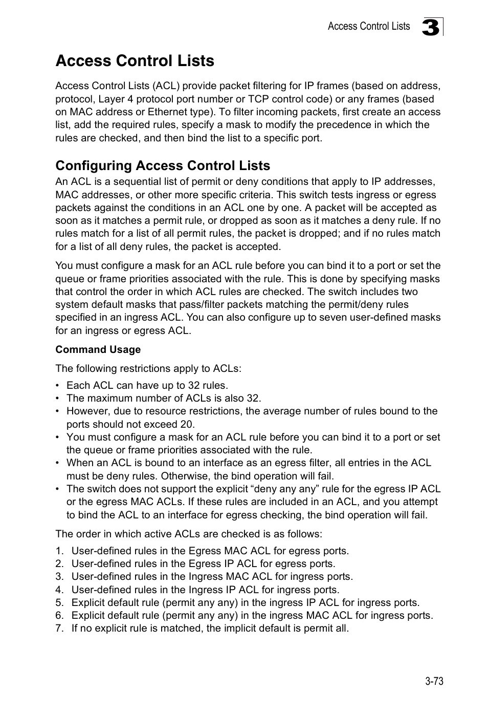 Access control lists, Configuring access control lists | Accton Technology ES5508 User Manual | Page 113 / 446