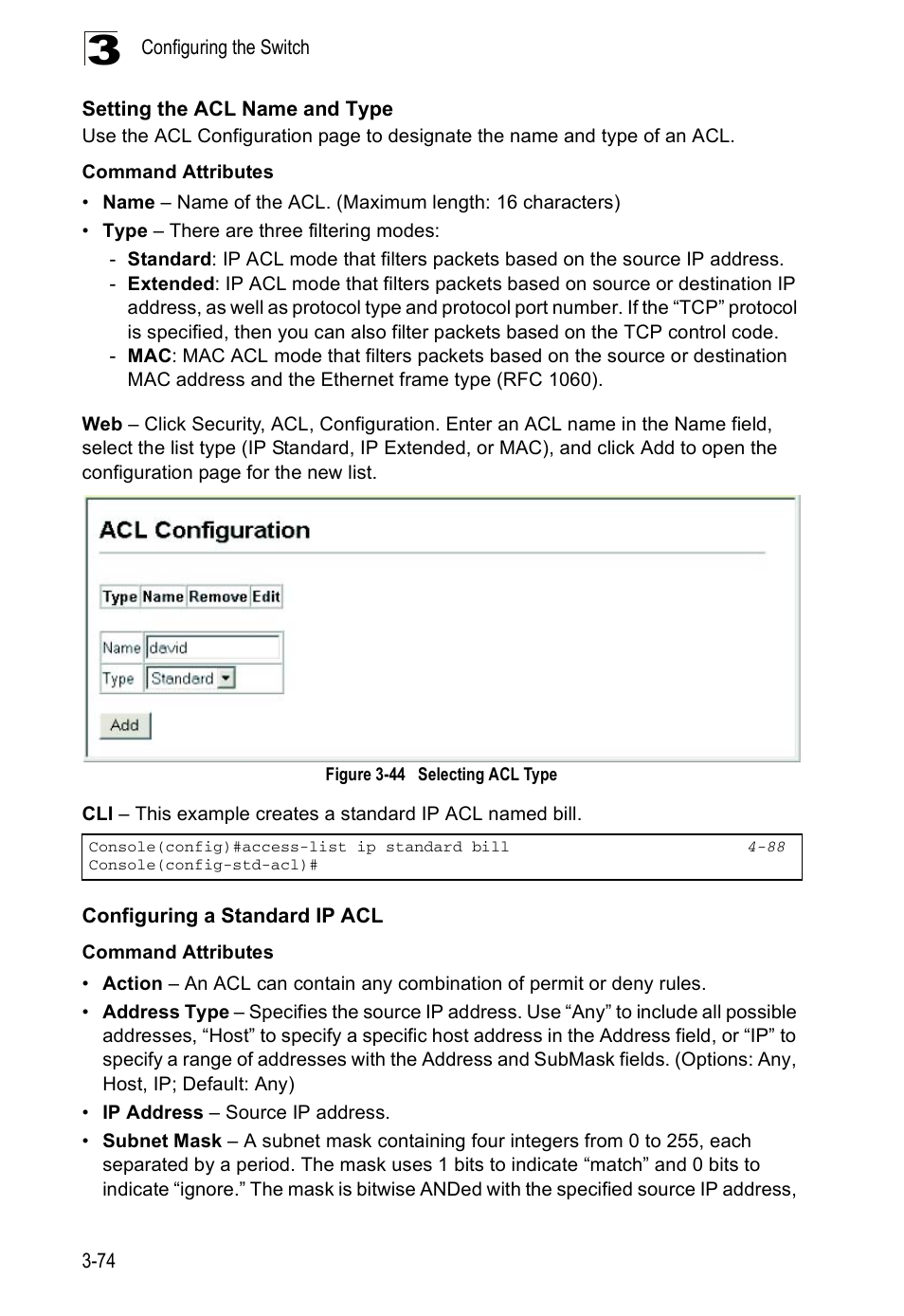 Setting the acl name and type, Configuring a standard ip acl, Figure 3-44 | Selecting acl type | Accton Technology ES5508 User Manual | Page 114 / 446