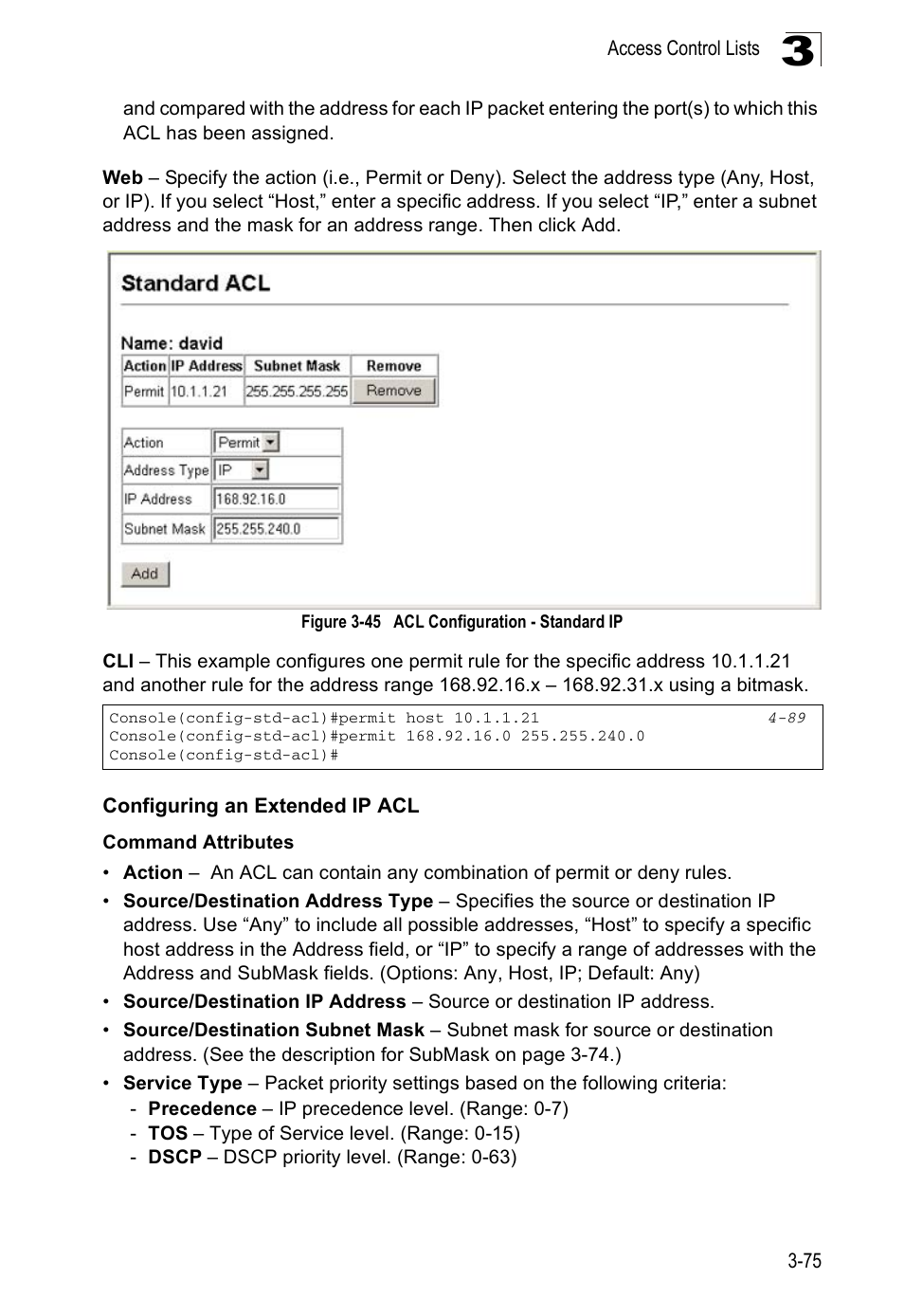 Configuring an extended ip acl, Figure 3-45, Acl configuration - standard ip | Accton Technology ES5508 User Manual | Page 115 / 446
