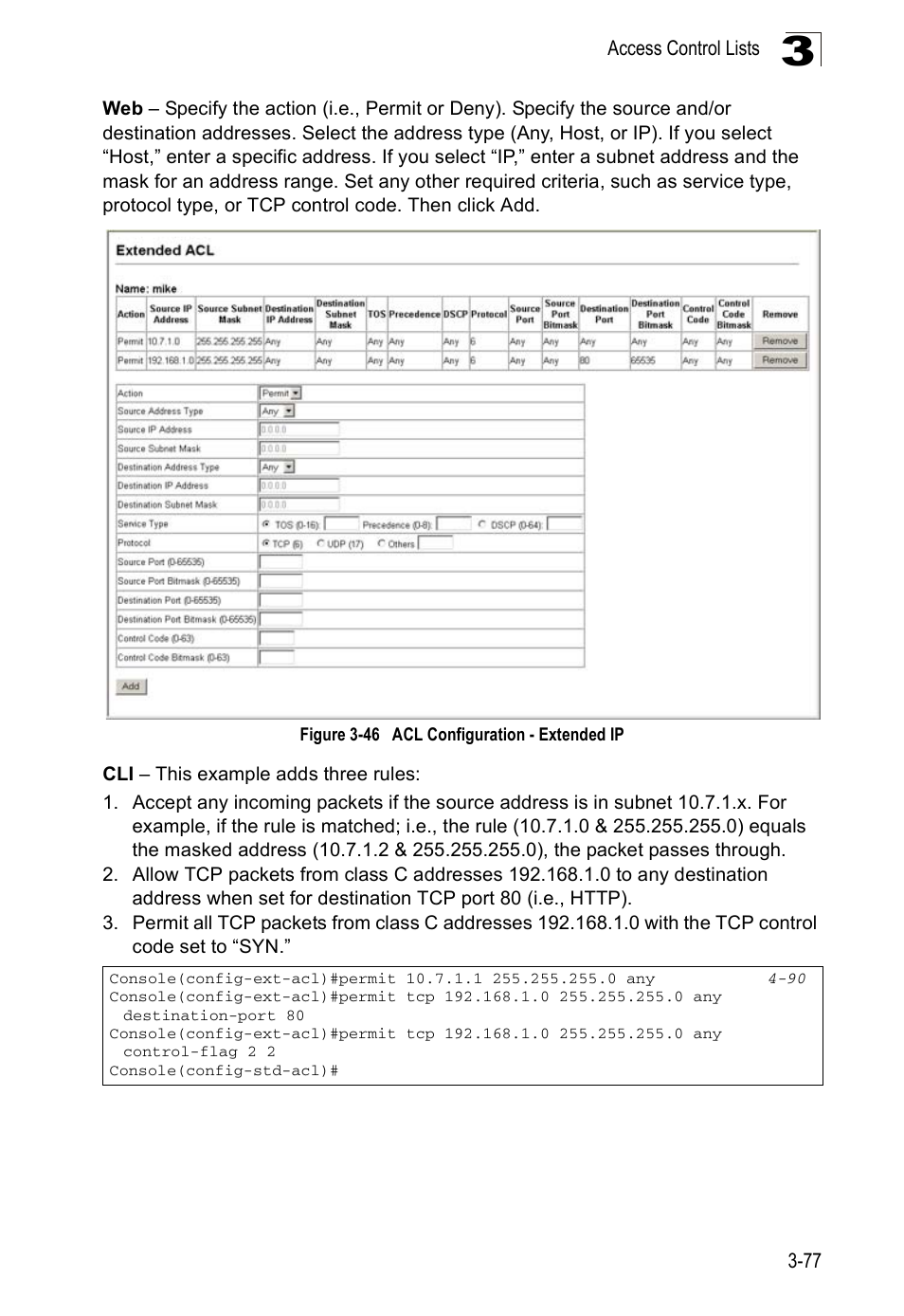 Figure 3-46, Acl configuration - extended ip | Accton Technology ES5508 User Manual | Page 117 / 446