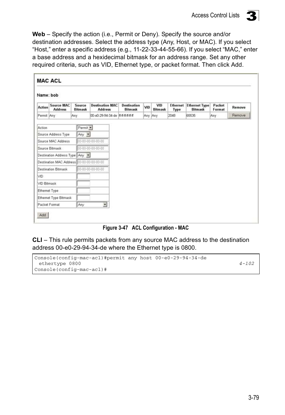 Figure 3-47, Acl configuration - mac | Accton Technology ES5508 User Manual | Page 119 / 446