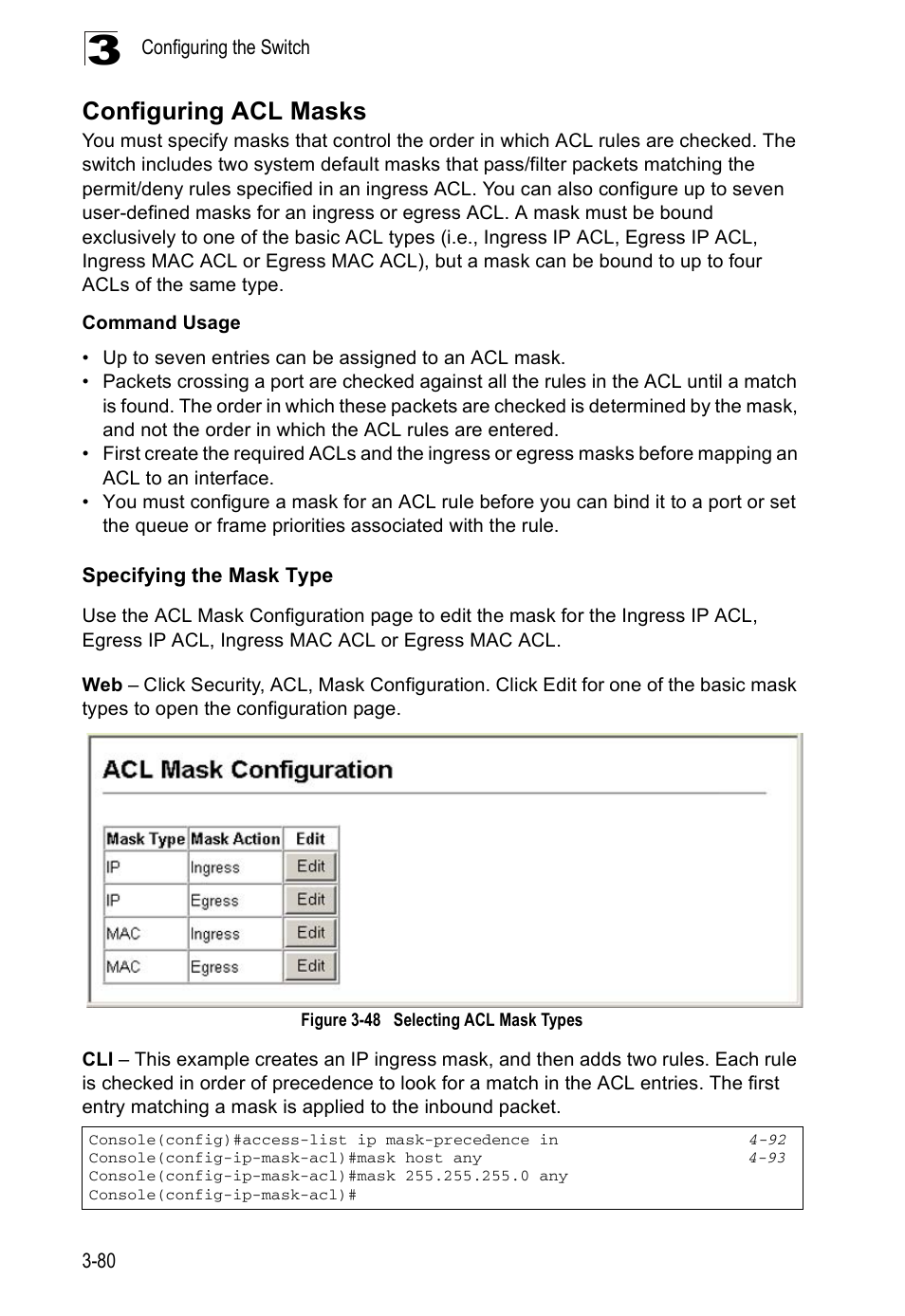 Configuring acl masks, Specifying the mask type, Figure 3-48 | Selecting acl mask types | Accton Technology ES5508 User Manual | Page 120 / 446