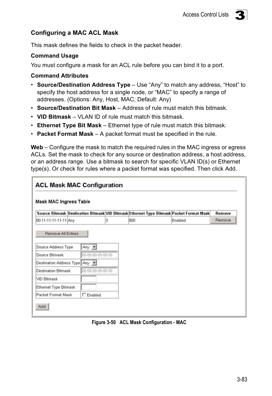 Configuring a mac acl mask, Figure 3-50, Acl mask configuration - mac | Accton Technology ES5508 User Manual | Page 123 / 446