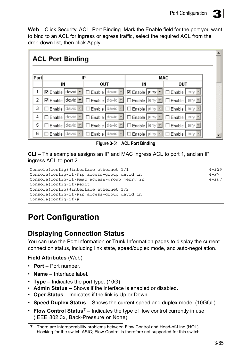 Port configuration, Displaying connection status, Figure 3-51 | Acl port binding | Accton Technology ES5508 User Manual | Page 125 / 446