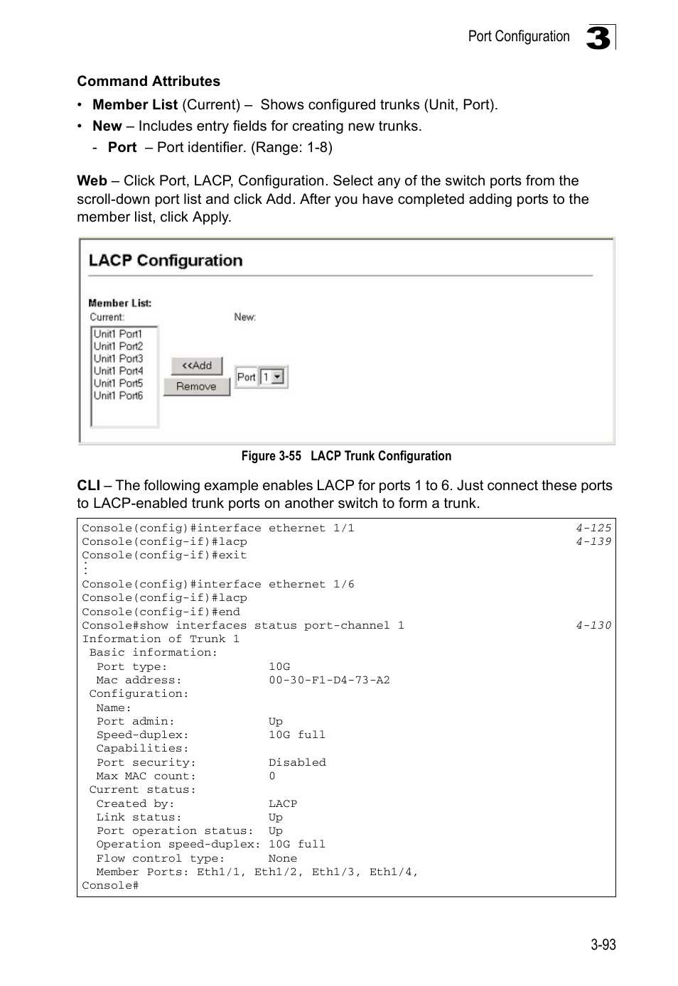 Figure 3-55, Lacp trunk configuration, Port configuration 3-93 | Accton Technology ES5508 User Manual | Page 133 / 446