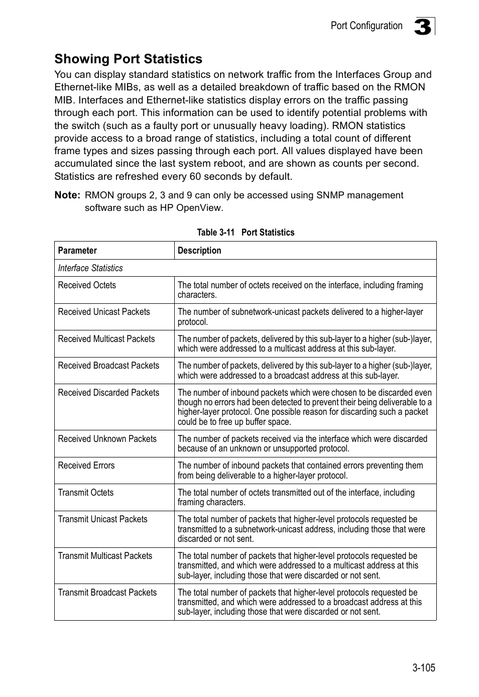 Showing port statistics, Table 3-11, Port statistics | Accton Technology ES5508 User Manual | Page 145 / 446