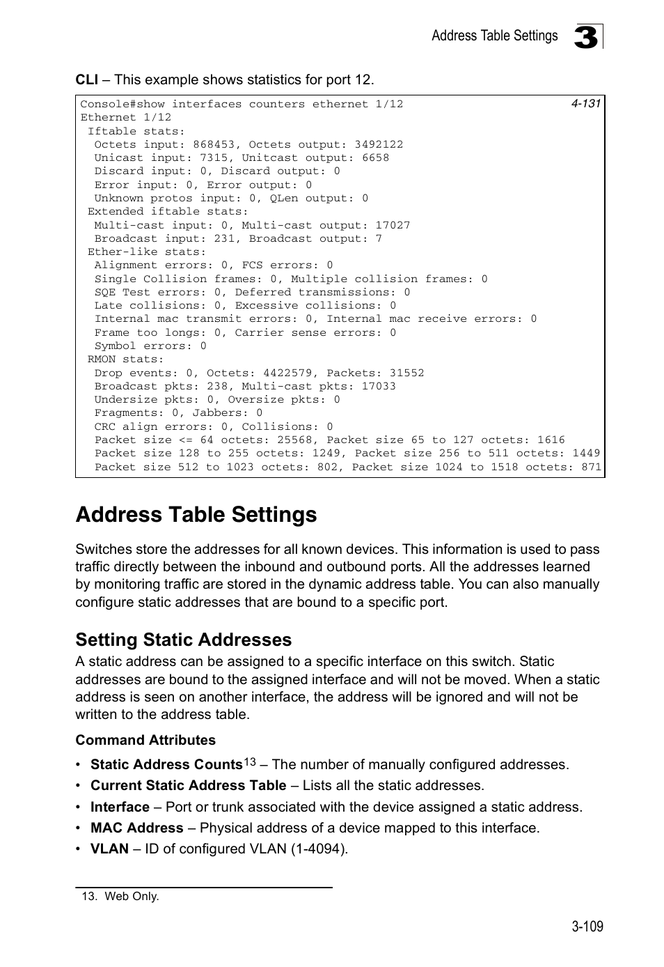 Address table settings, Setting static addresses | Accton Technology ES5508 User Manual | Page 149 / 446