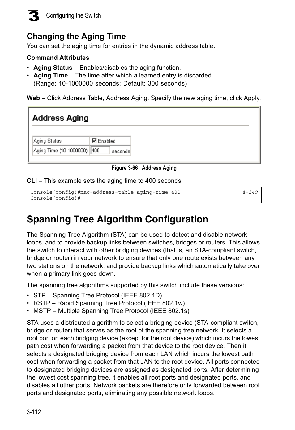 Changing the aging time, Spanning tree algorithm configuration, Figure 3-66 | Address aging | Accton Technology ES5508 User Manual | Page 152 / 446