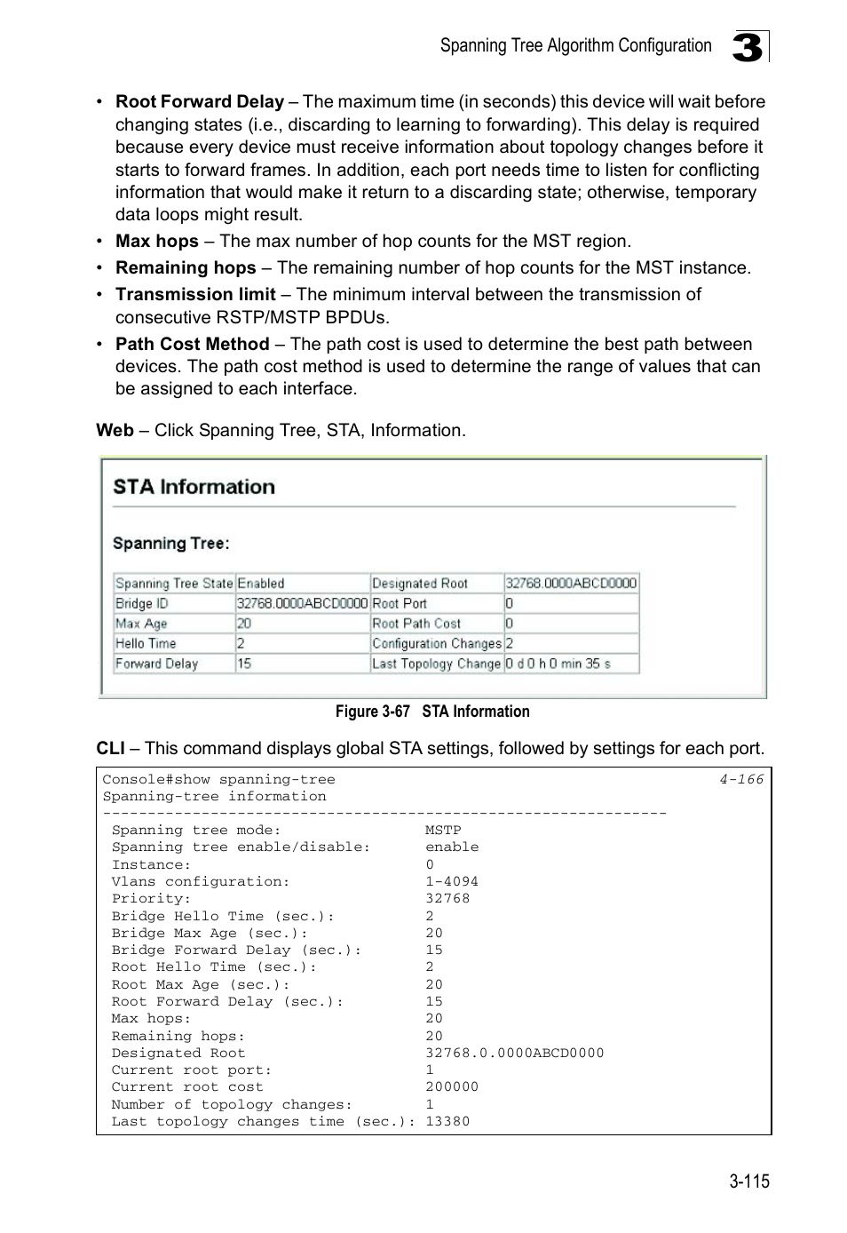 Figure 3-67, Sta information, Spanning tree algorithm configuration 3-115 | Accton Technology ES5508 User Manual | Page 155 / 446