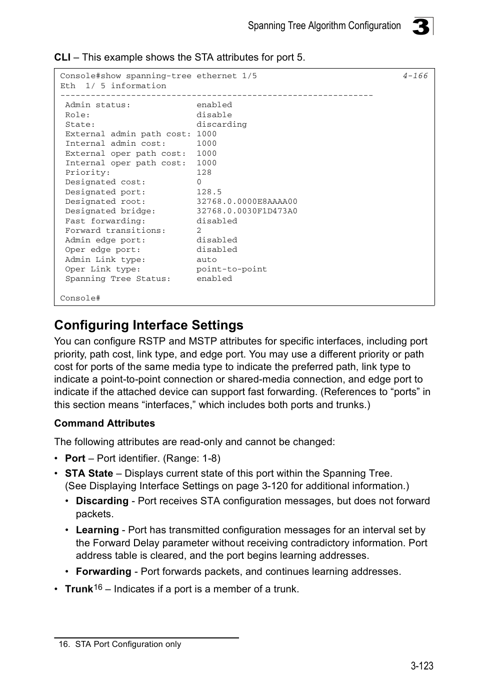Configuring interface settings, Spanning tree algorithm configuration 3-123 | Accton Technology ES5508 User Manual | Page 163 / 446