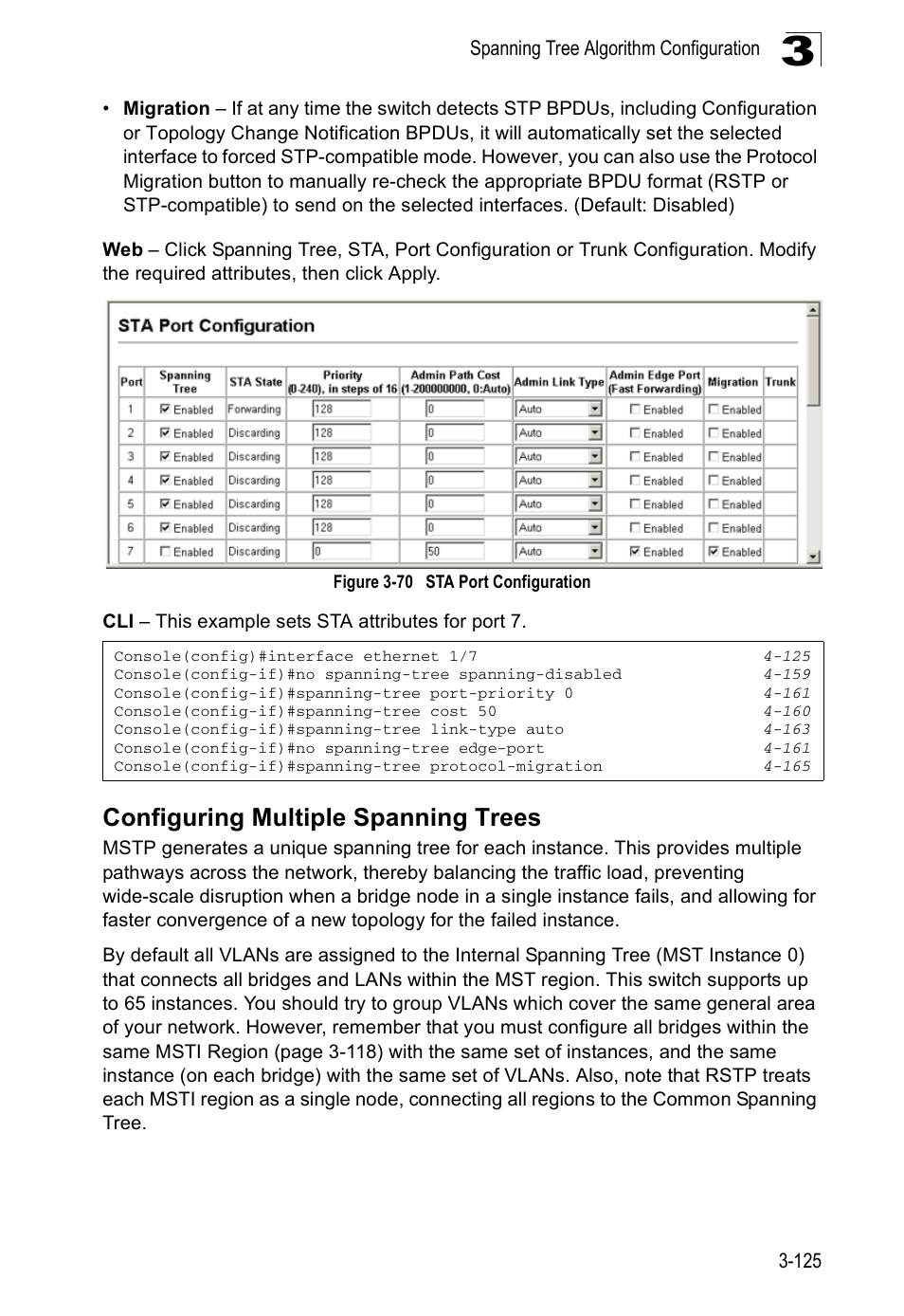 Configuring multiple spanning trees, Figure 3-70, Sta port configuration | Accton Technology ES5508 User Manual | Page 165 / 446