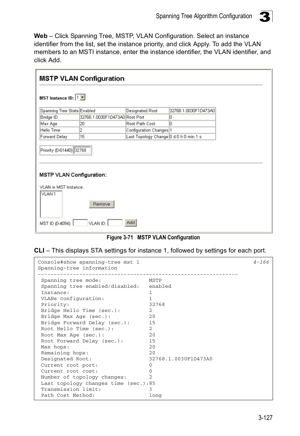 Figure 3-71, Mstp vlan configuration, Spanning tree algorithm configuration 3-127 | Accton Technology ES5508 User Manual | Page 167 / 446