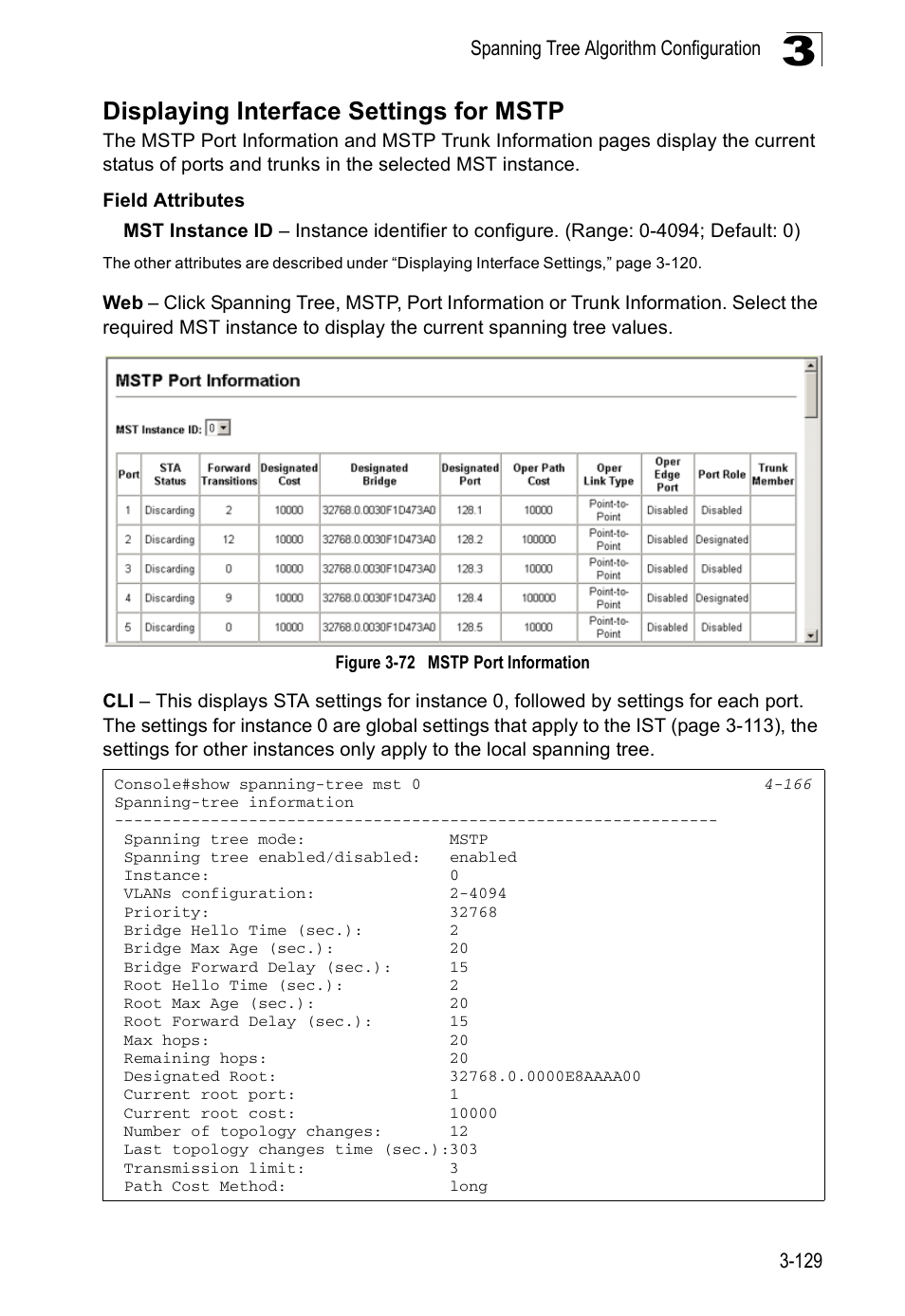 Displaying interface settings for mstp, Figure 3-72, Mstp port information | Spanning tree algorithm configuration 3-129 | Accton Technology ES5508 User Manual | Page 169 / 446