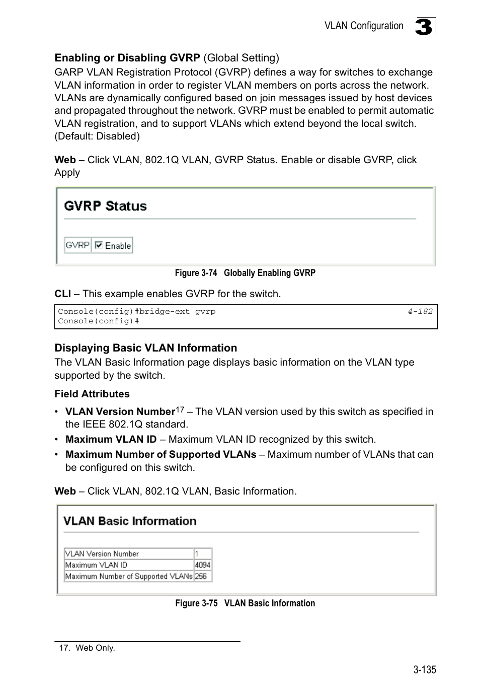 Enabling or disabling gvrp (global setting), Displaying basic vlan information, Figure 3-74 | Globally enabling gvrp, Figure 3-75, Vlan basic information | Accton Technology ES5508 User Manual | Page 175 / 446