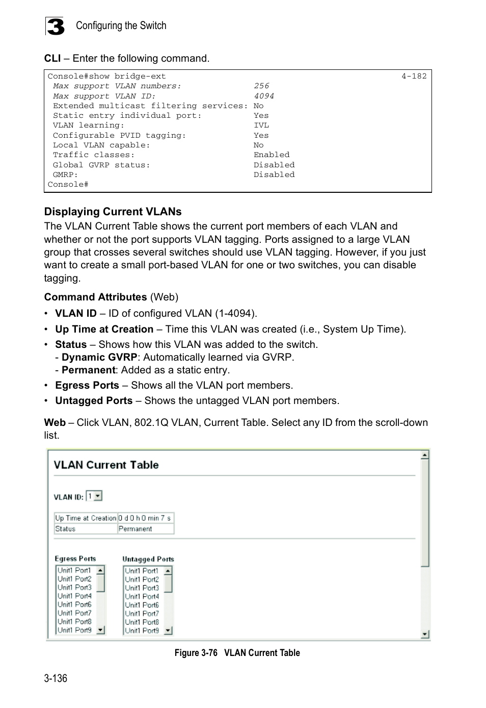 Displaying current vlans, Figure 3-76, Vlan current table | Accton Technology ES5508 User Manual | Page 176 / 446