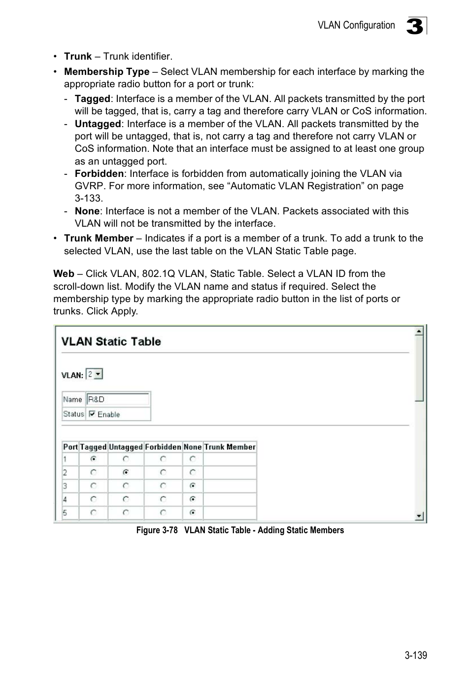 Figure 3-78, Vlan static table - adding static members | Accton Technology ES5508 User Manual | Page 179 / 446