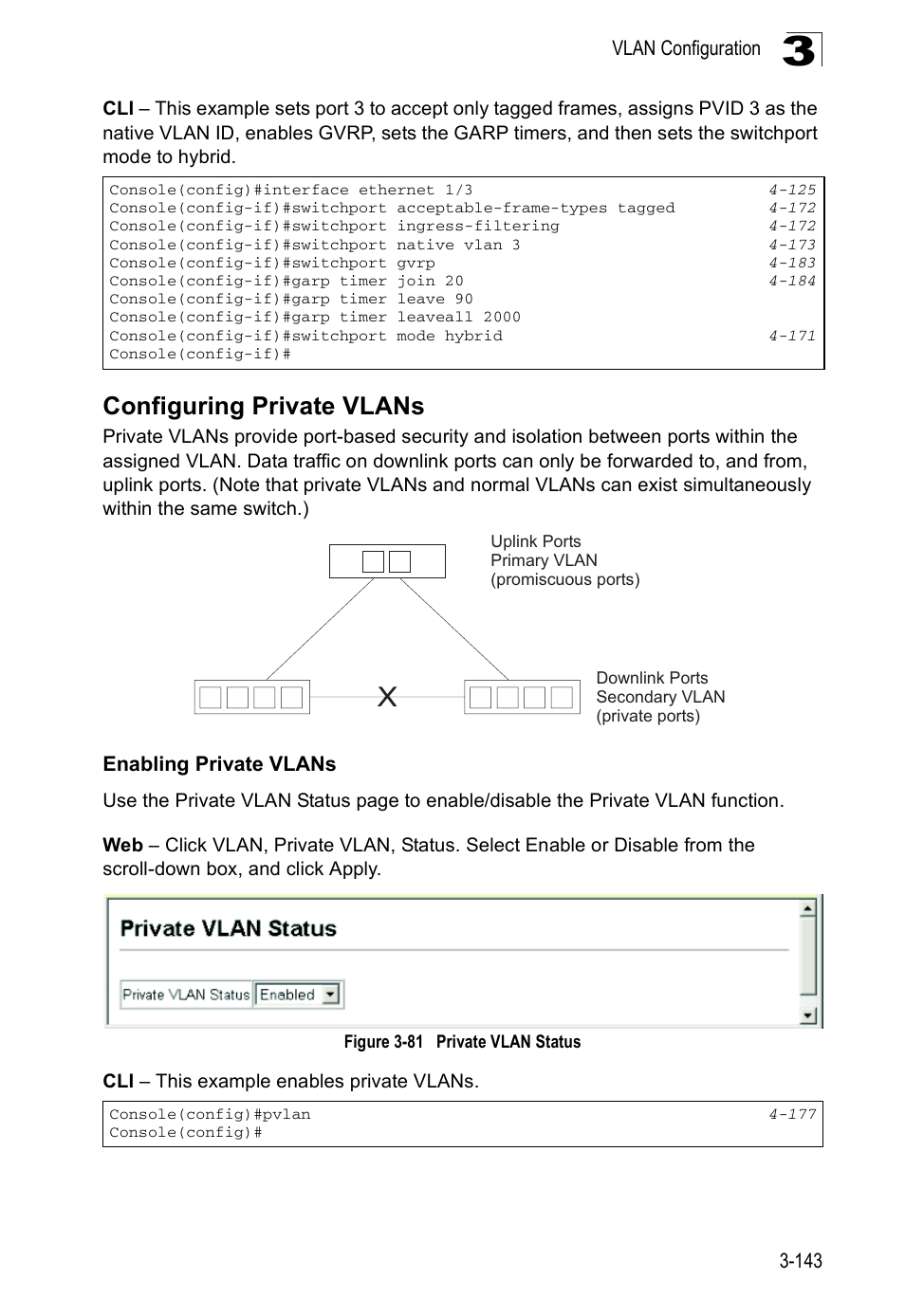 Configuring private vlans, Enabling private vlans, Figure 3-81 | Private vlan status | Accton Technology ES5508 User Manual | Page 183 / 446