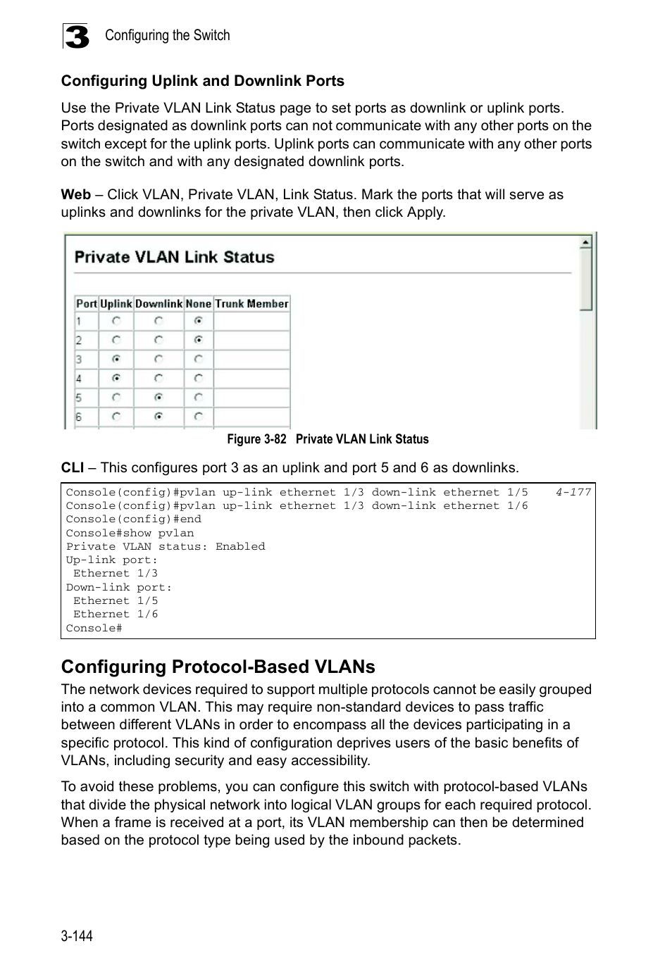 Configuring uplink and downlink ports, Configuring protocol-based vlans, Figure 3-82 | Private vlan link status | Accton Technology ES5508 User Manual | Page 184 / 446
