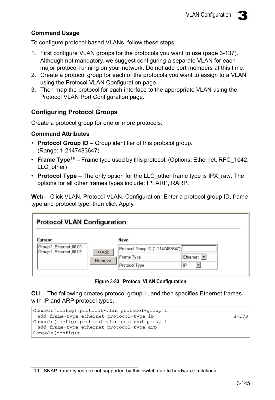 Configuring protocol groups, Figure 3-83, Protocol vlan configuration | Accton Technology ES5508 User Manual | Page 185 / 446