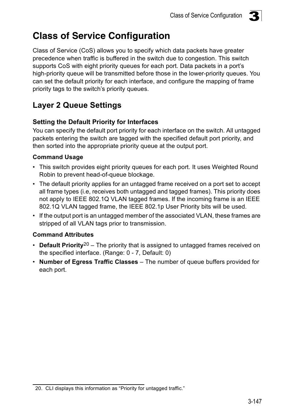 Class of service configuration, Layer 2 queue settings, Setting the default priority for interfaces | Accton Technology ES5508 User Manual | Page 187 / 446