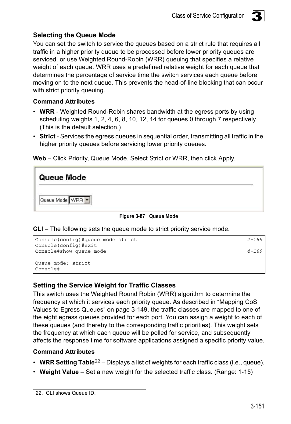 Selecting the queue mode, Setting the service weight for traffic classes, Figure 3-87 | Queue mode | Accton Technology ES5508 User Manual | Page 191 / 446