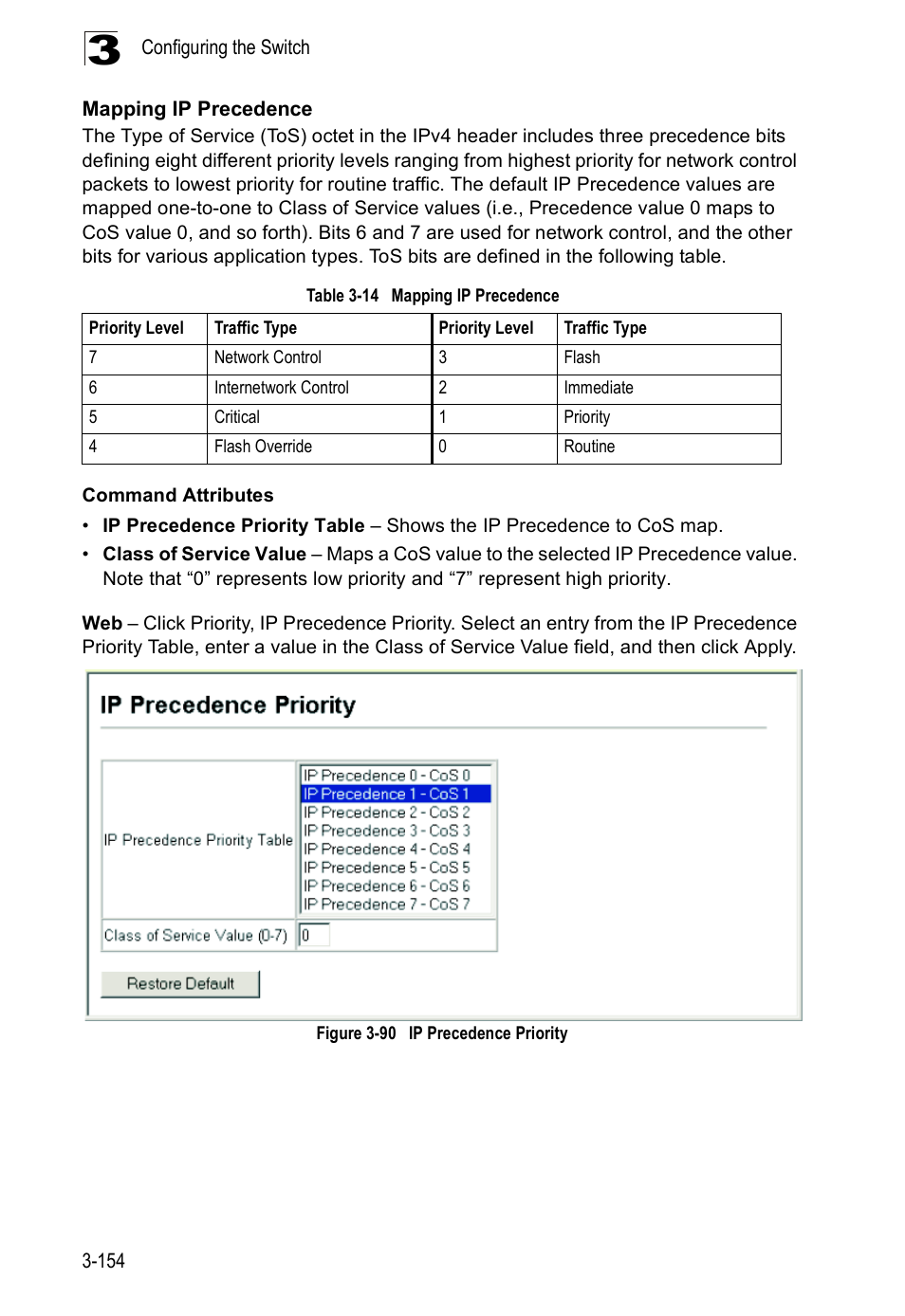 Mapping ip precedence, Table 3-14, Figure 3-90 | Ip precedence priority | Accton Technology ES5508 User Manual | Page 194 / 446