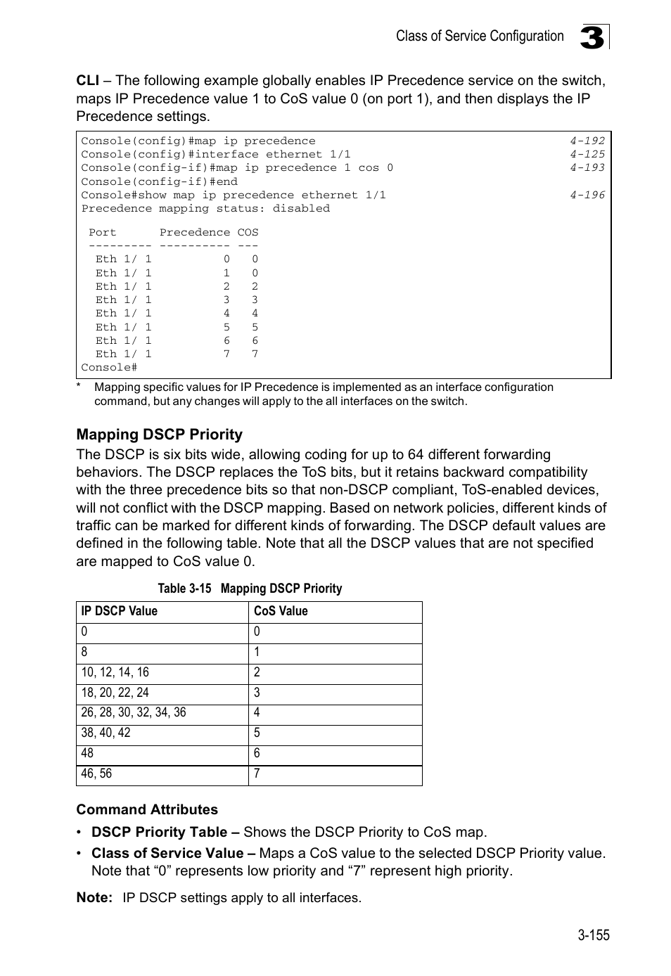 Mapping dscp priority, Table 3-15 | Accton Technology ES5508 User Manual | Page 195 / 446