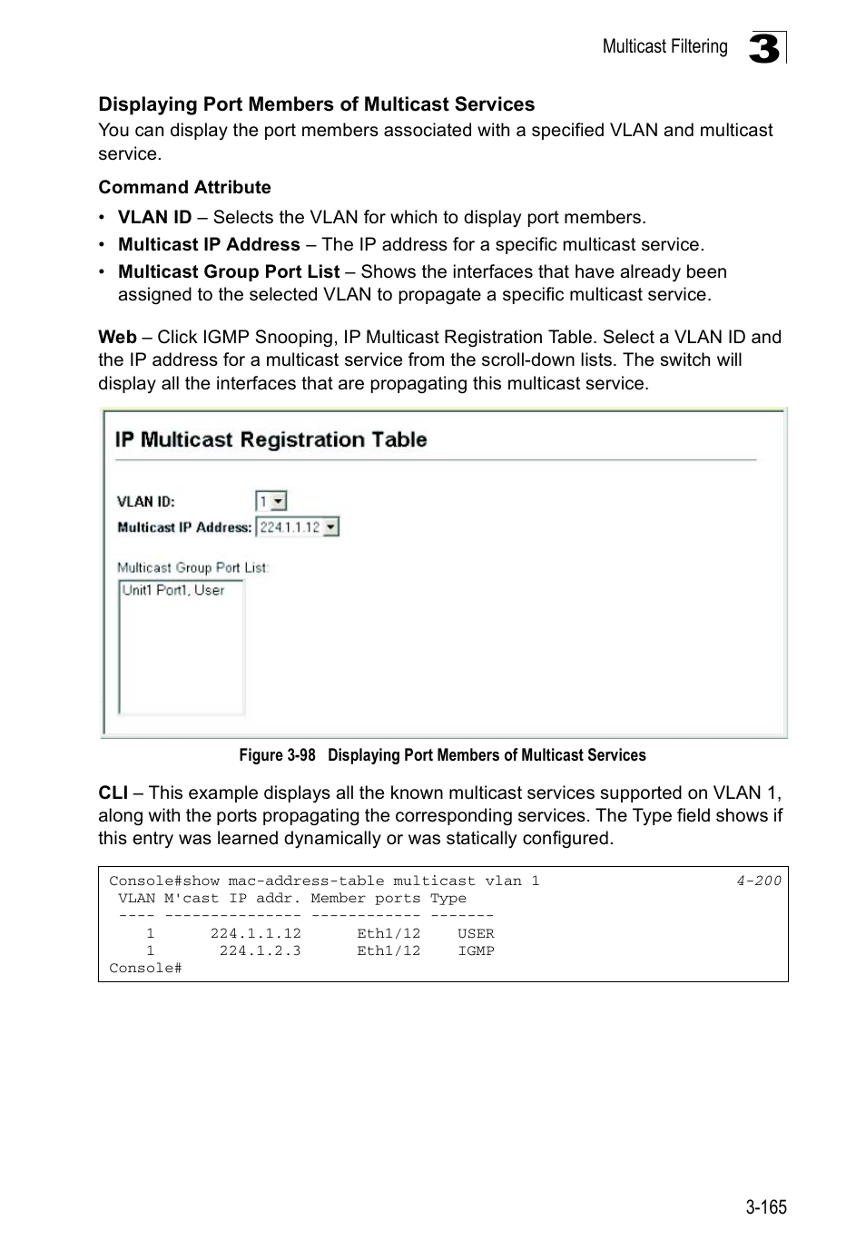 Displaying port members of multicast services, Figure 3-98 | Accton Technology ES5508 User Manual | Page 205 / 446