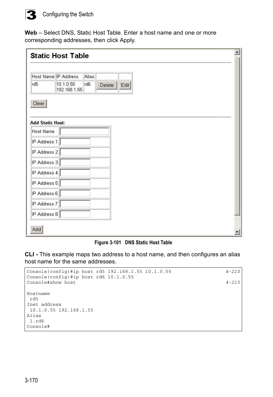 Figure 3-101 dns static host table | Accton Technology ES5508 User Manual | Page 210 / 446