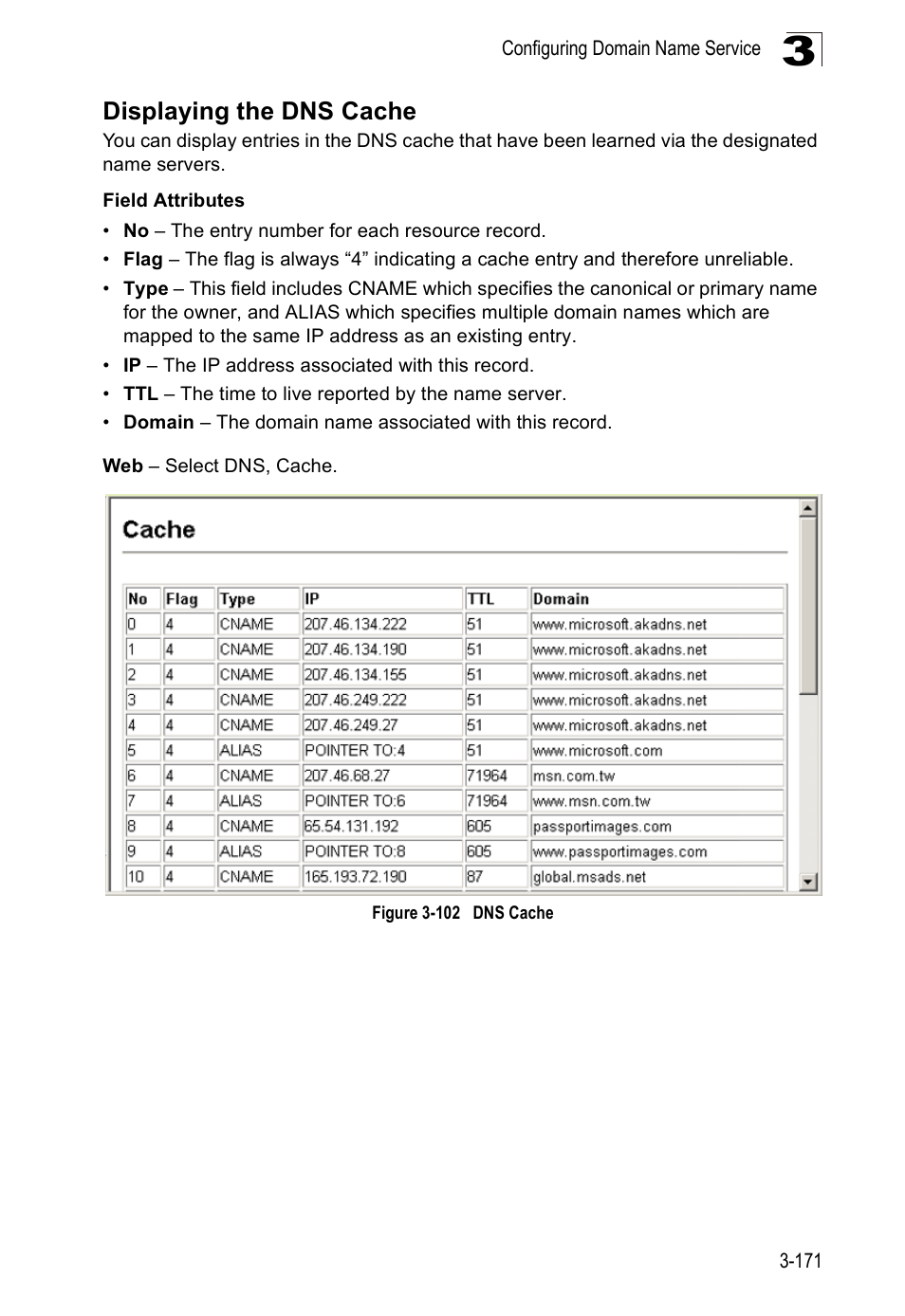Displaying the dns cache, Figure 3-102 dns cache | Accton Technology ES5508 User Manual | Page 211 / 446