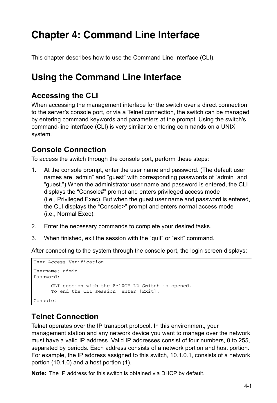 Chapter 4: command line interface, Using the command line interface, Accessing the cli | Console connection, Telnet connection, Chapter 4: “command line interface | Accton Technology ES5508 User Manual | Page 213 / 446