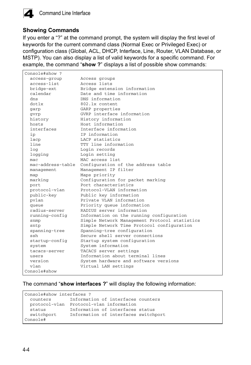 Showing commands | Accton Technology ES5508 User Manual | Page 216 / 446