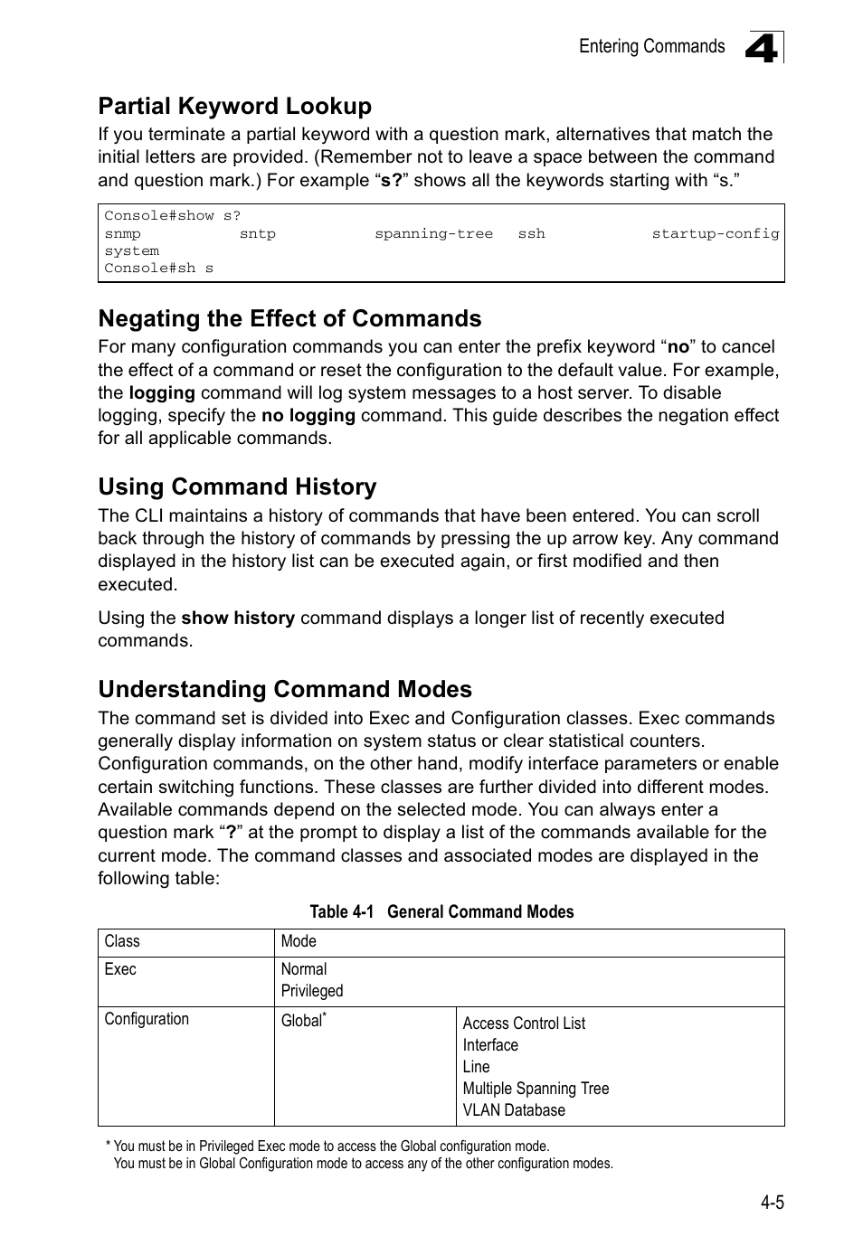 Partial keyword lookup, Negating the effect of commands, Using command history | Understanding command modes, Table 4-1, General command modes | Accton Technology ES5508 User Manual | Page 217 / 446