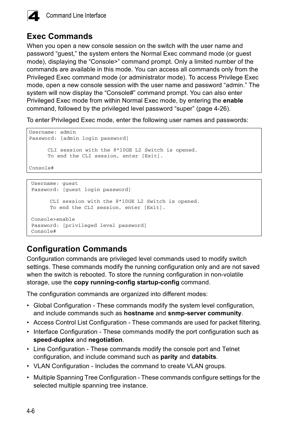 Exec commands, Configuration commands | Accton Technology ES5508 User Manual | Page 218 / 446