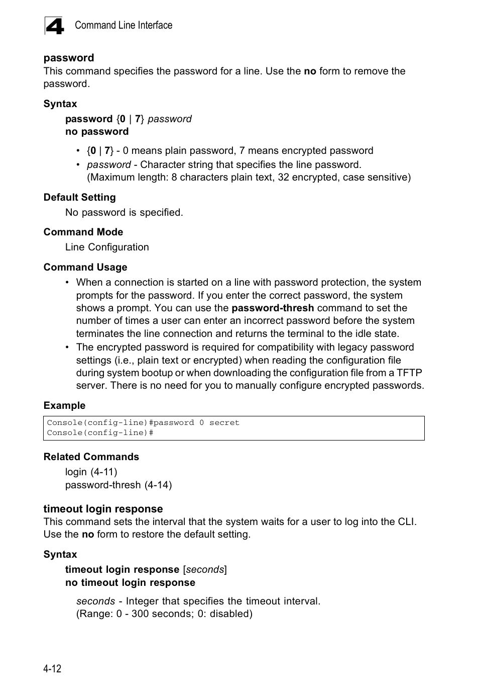 Password, Timeout login response, Password 4-12 timeout login response | Accton Technology ES5508 User Manual | Page 224 / 446