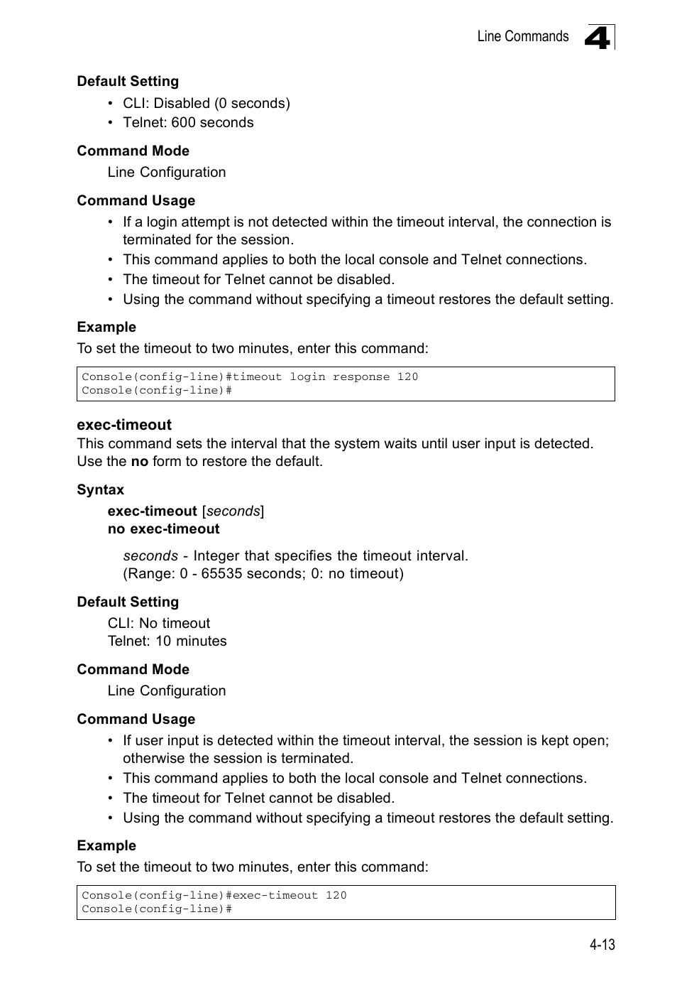 Exec-timeout, Exec-timeout 4-13 | Accton Technology ES5508 User Manual | Page 225 / 446