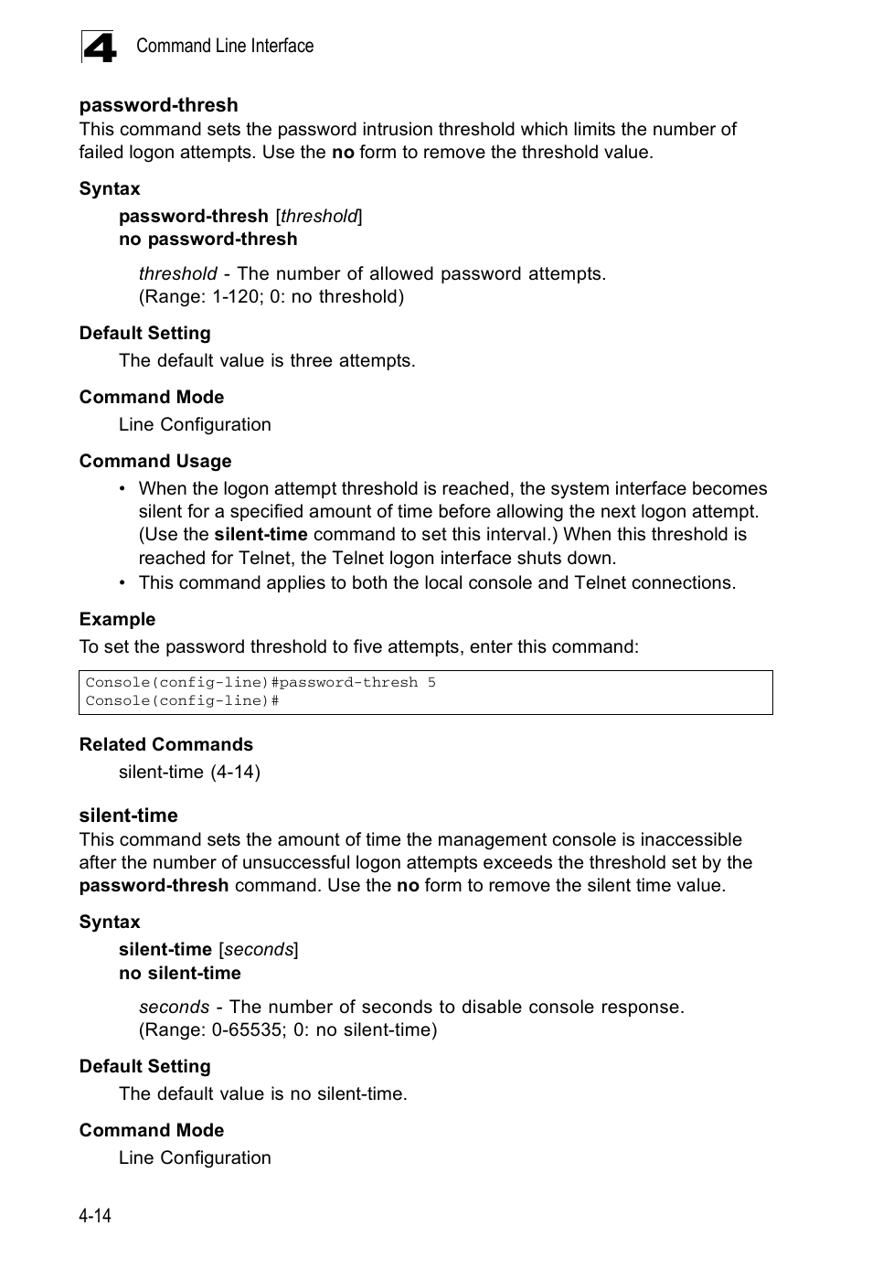 Password-thresh, Silent-time, Password-thresh 4-14 silent-time 4-14 | Accton Technology ES5508 User Manual | Page 226 / 446