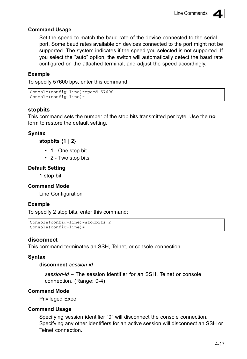 Stopbits, Disconnect, Stopbits 4-17 disconnect 4-17 | Accton Technology ES5508 User Manual | Page 229 / 446