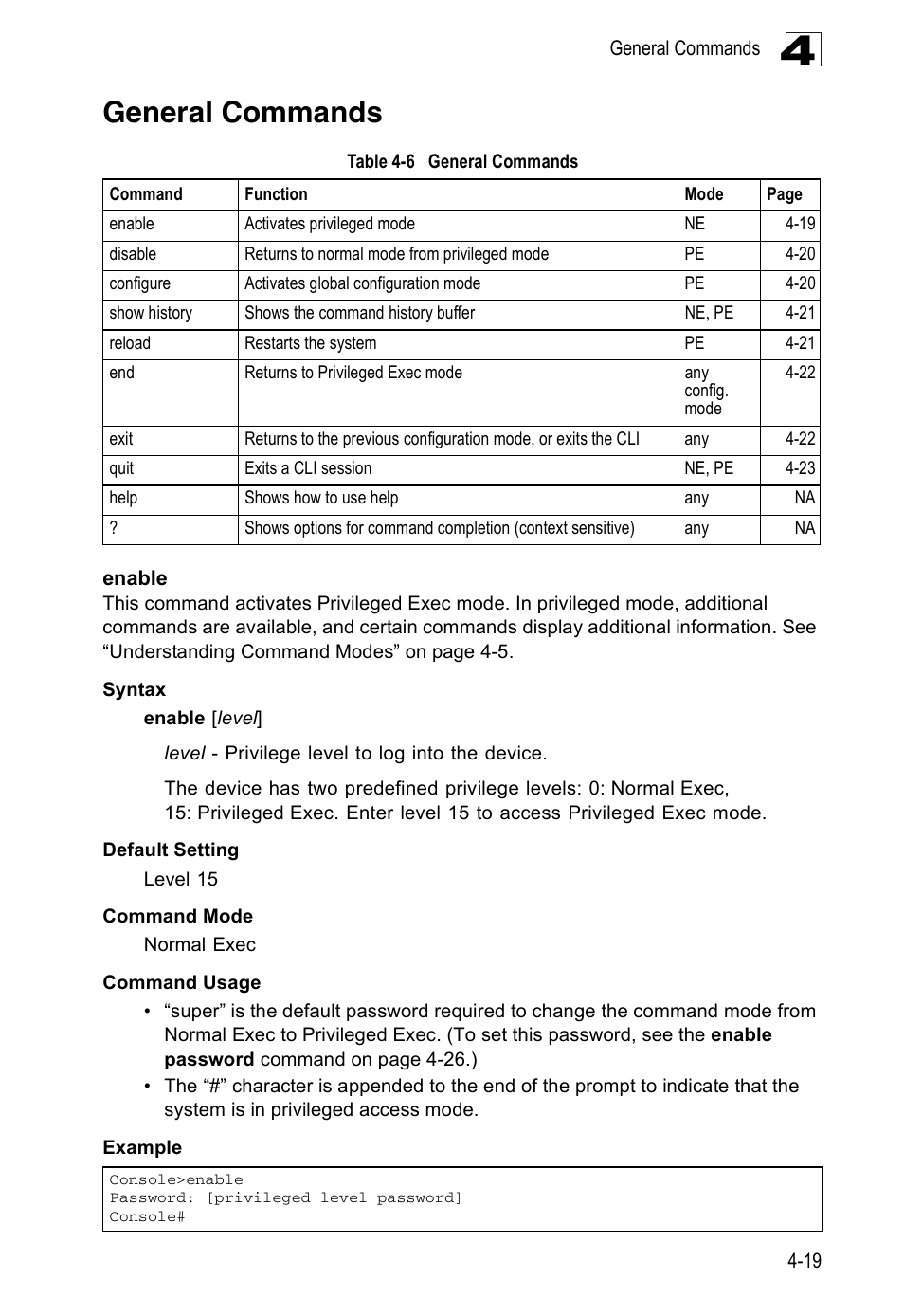 General commands, Enable, Enable 4-19 | Table 4-6 | Accton Technology ES5508 User Manual | Page 231 / 446