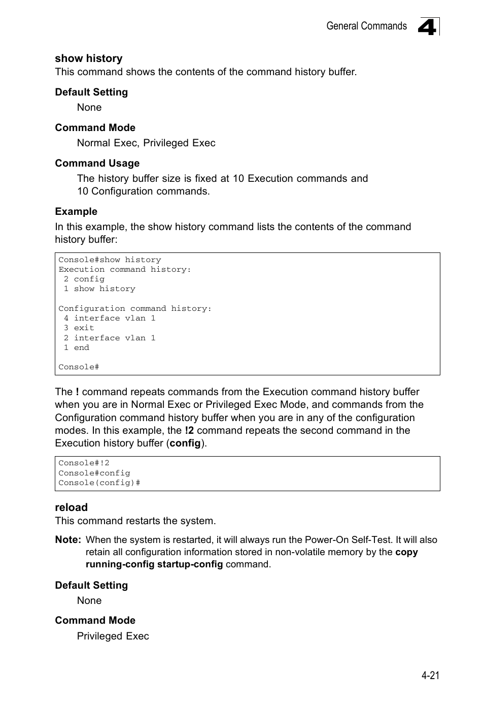 Show history, Reload, Reload 4-21 | Accton Technology ES5508 User Manual | Page 233 / 446