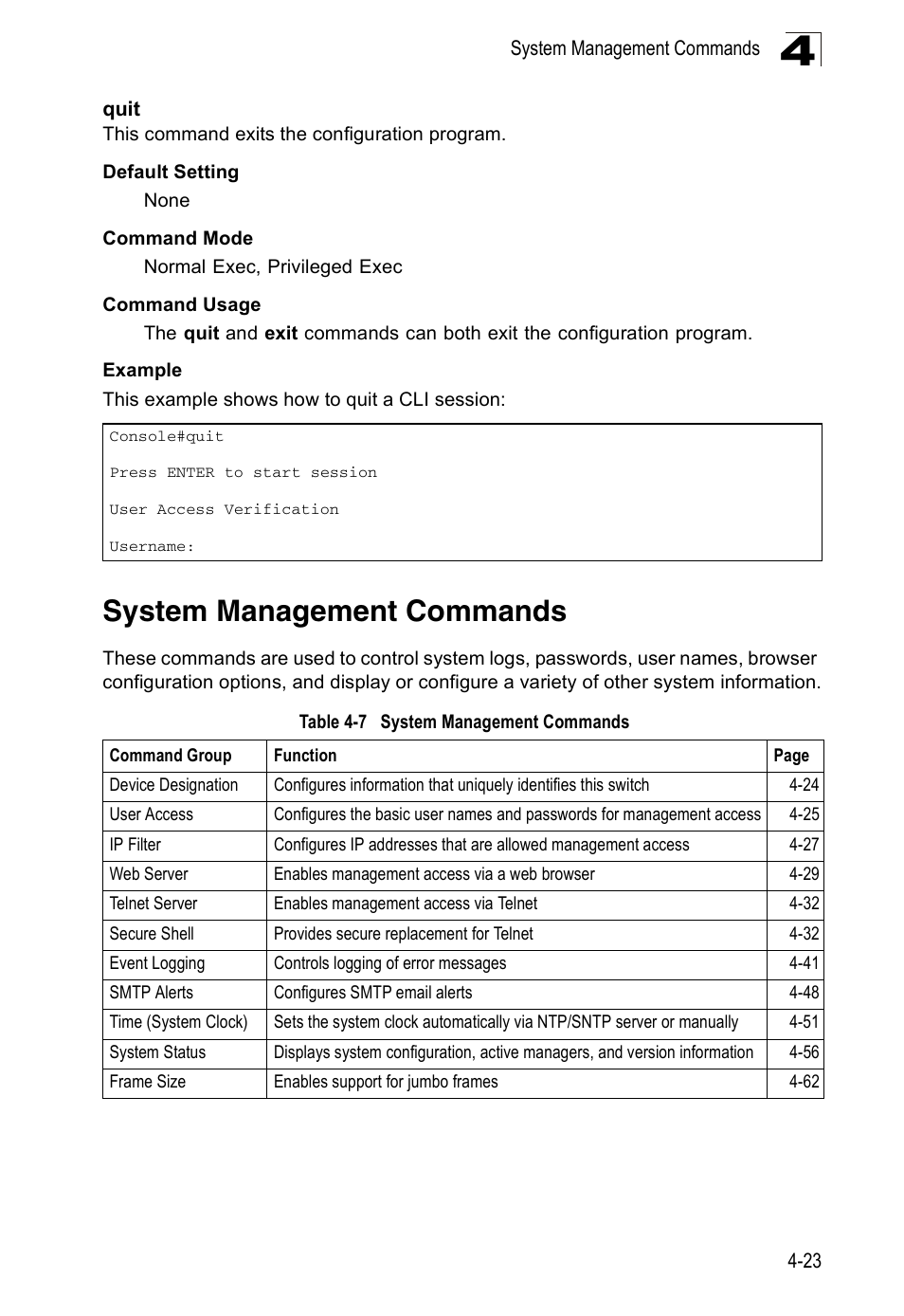 Quit, System management commands, Quit 4-23 | Table 4-7 | Accton Technology ES5508 User Manual | Page 235 / 446
