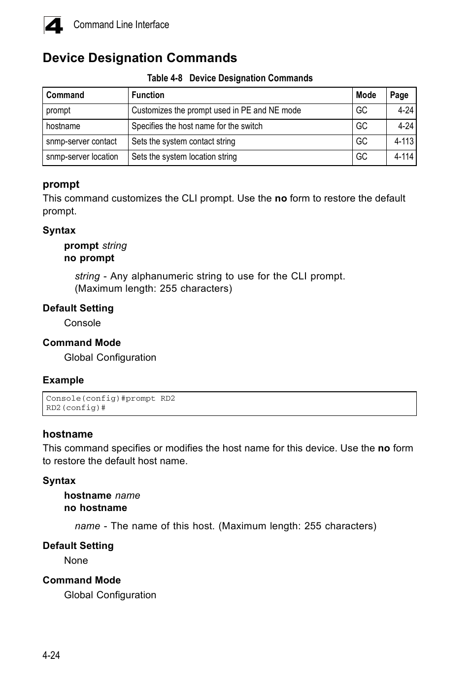 Device designation commands, Prompt, Hostname | Prompt 4-24 hostname 4-24, Table 4-8 | Accton Technology ES5508 User Manual | Page 236 / 446