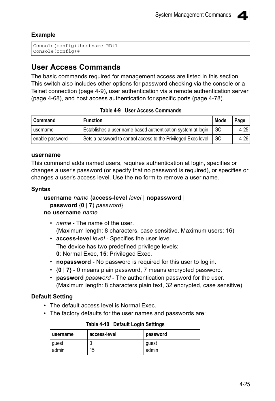 User access commands, Username, Username 4-25 | Table 4-9, Table 4-10, Default login settings | Accton Technology ES5508 User Manual | Page 237 / 446
