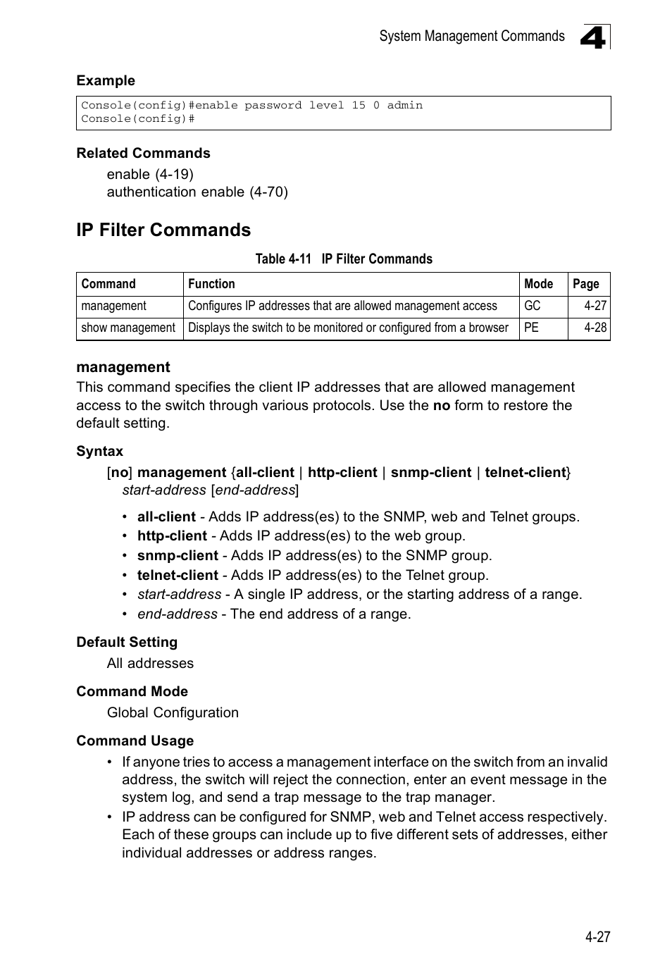 Ip filter commands, Management, Management 4-27 | Table 4-11 | Accton Technology ES5508 User Manual | Page 239 / 446