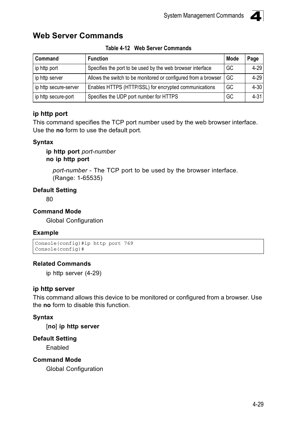 Web server commands, Ip http port, Ip http server | Table 4-12 | Accton Technology ES5508 User Manual | Page 241 / 446