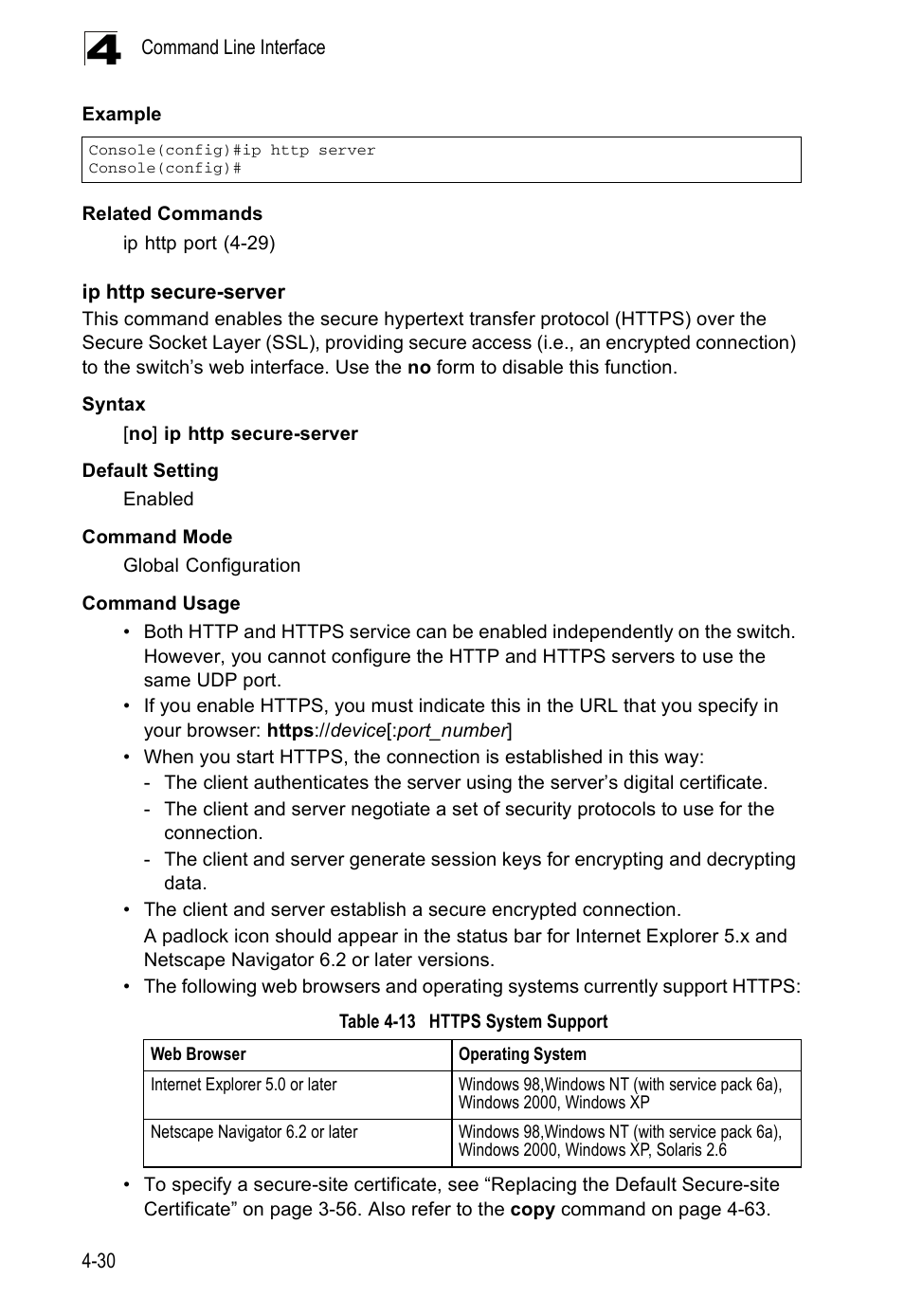 Ip http secure-server, Table 4-13, Https system support | Accton Technology ES5508 User Manual | Page 242 / 446